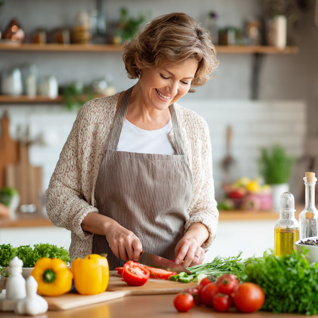 Smiling middle-aged Ukrainian woman preparing healthy meal in modern kitchen