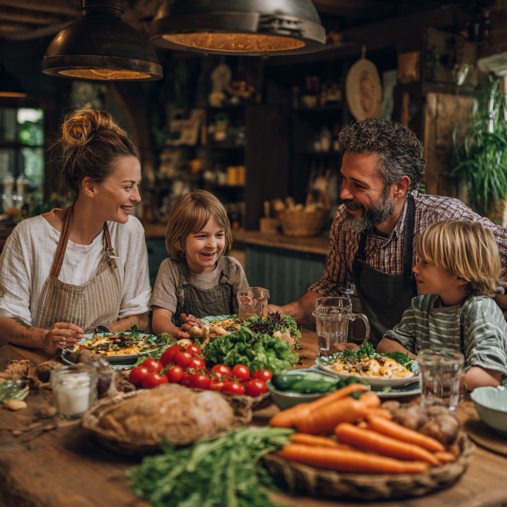 Happy elderly Ukrainian couple examining fresh vegetables at local market