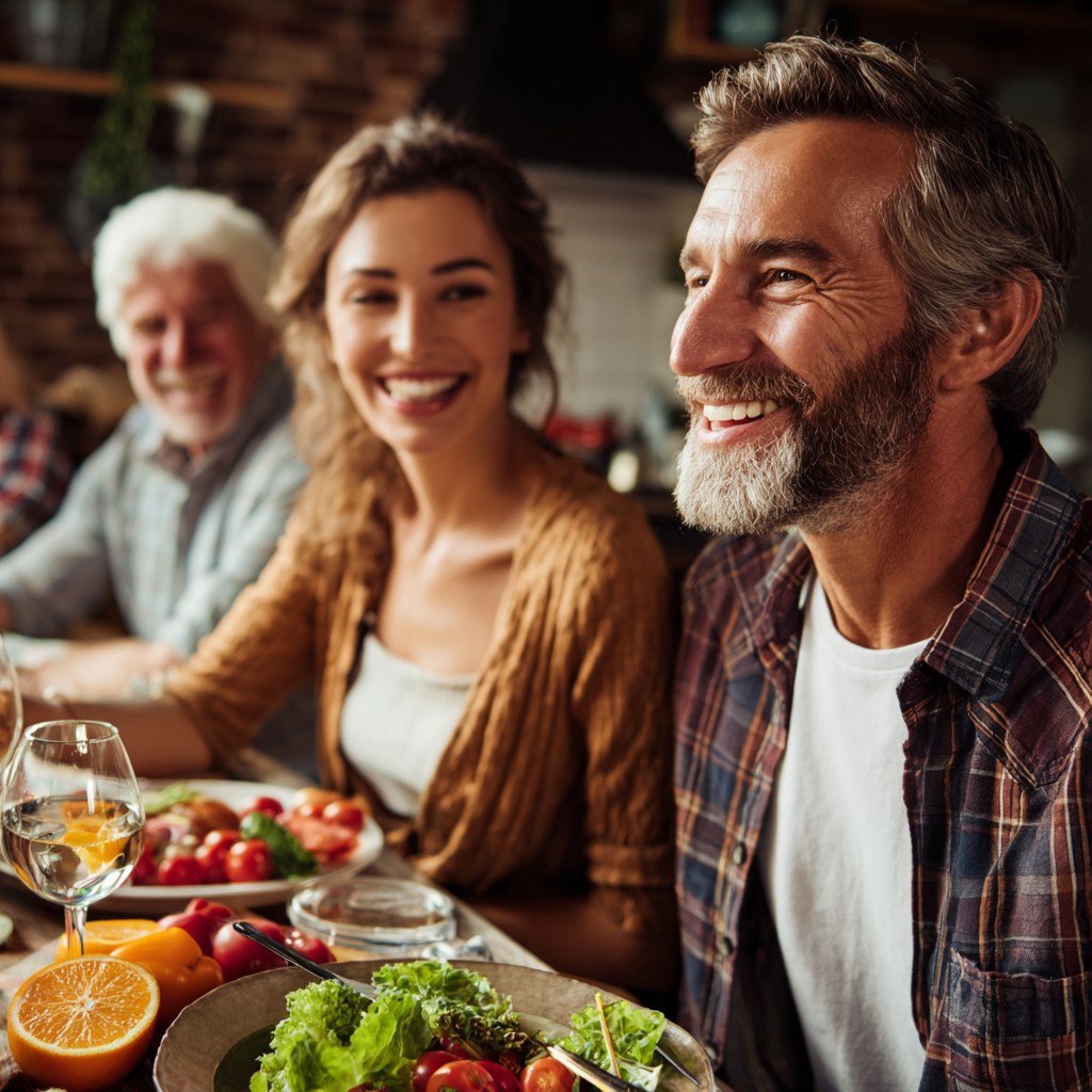 Peaceful Ukrainian family of different ages sharing healthy meal together at wooden dining table